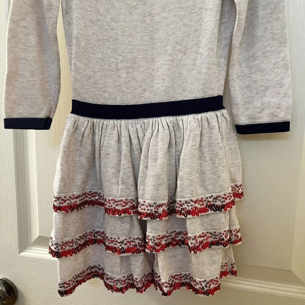 Mini Boden Tiered Ruffle Sequin Bow Sweater Knit Dress Christmas Girls Size 4-5